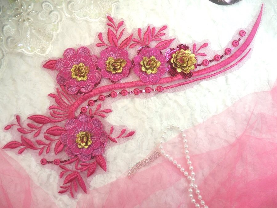 Embroidered 3D Applique Fuchsia Gold Floral Sequin Patch 16 (DH74)