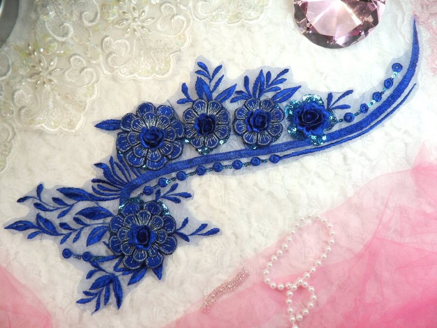Embroidered 3D Applique Blue Floral Sequin Patch 16 (DH74)