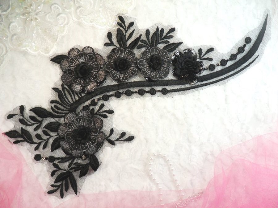 Embroidered 3D Applique Black Silver Floral Sequin Patch 16 (DH74)