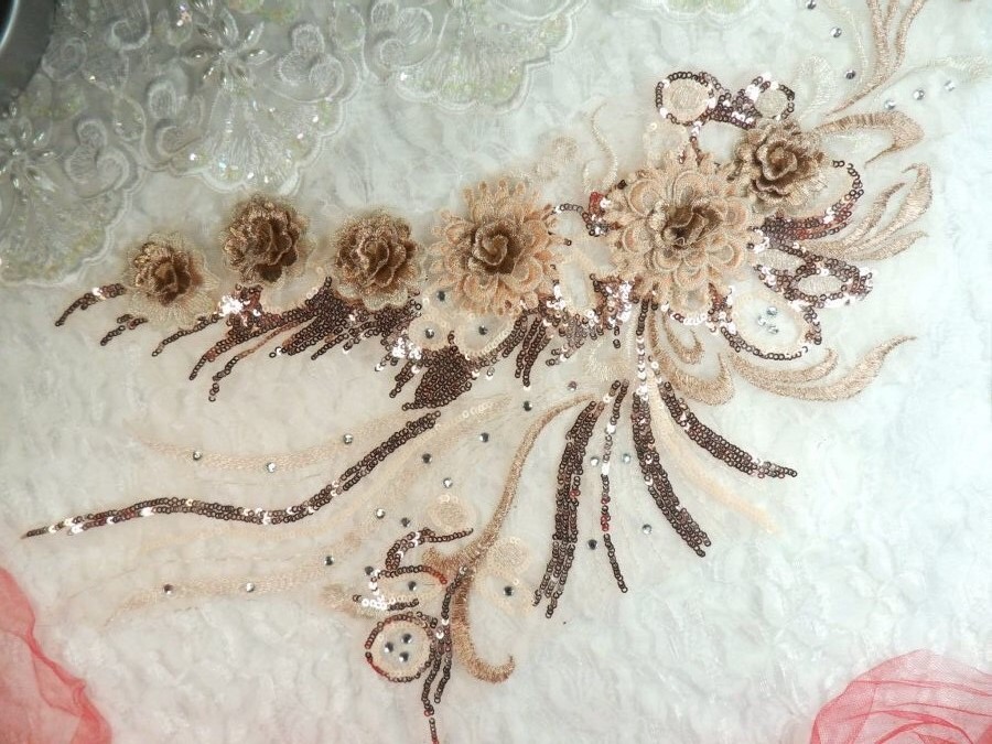 Embroidered 3D Applique Champagne Floral Sequin Patch Rhinestone Accented 20 (DH71)