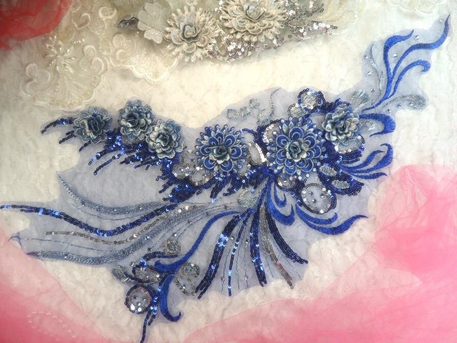 Embroidered 3D Applique Blue Silver  Floral Sequin Patch Rhinestone Accented 20 (DH71)