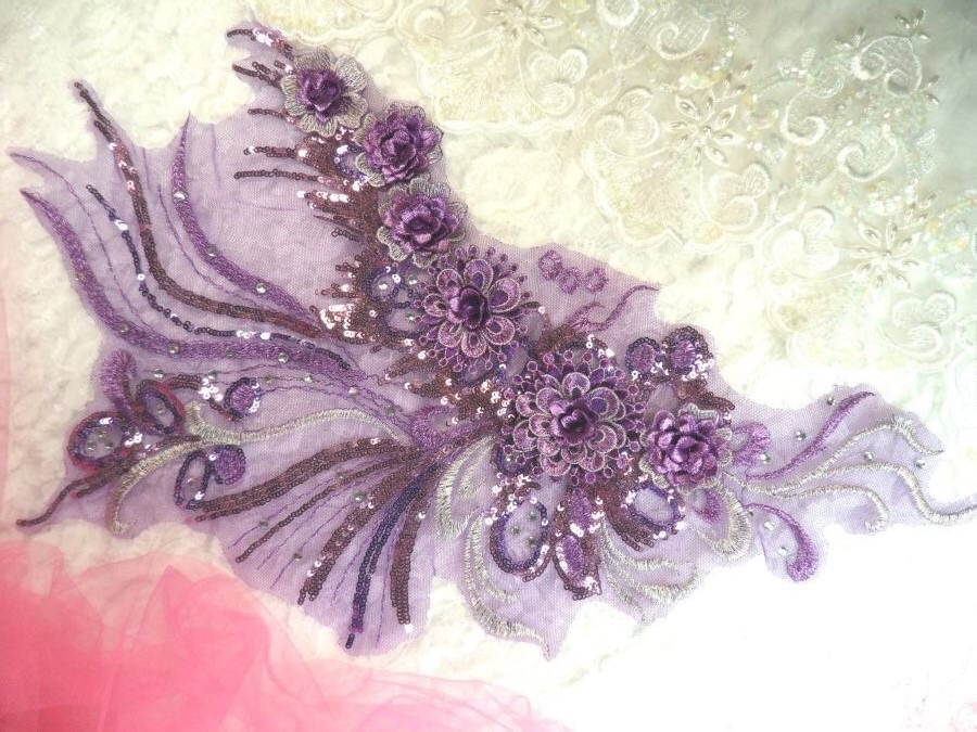 Embroidered 3D Applique Purple Floral Sequin Patch Rhinestone Accented 20 (DH71)