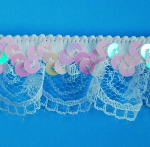 E6186  White Lace Scallop Sequin Stretch Trim 1\