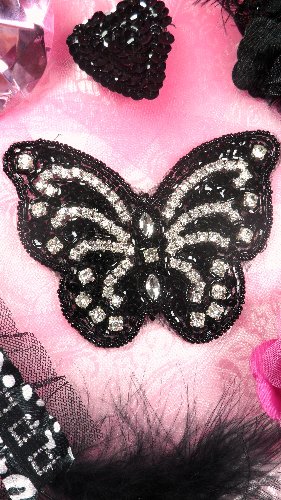JB100 Black Beaded Crystal Rhinestone Butterfly Applique 4.5\