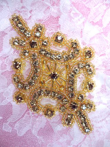 JB115 Applique Champagne Rhinestone Gold Beaded 4