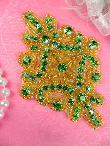 JB115 Glass Rhinestone Applique Lime Green Gold Beaded Motif 4