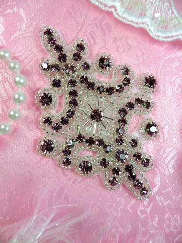 JB115 Rhinestone Applique Light Plum Silver Beaded Motif 4
