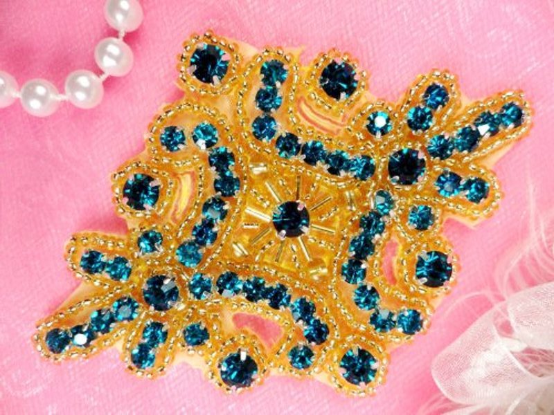 Glass Rhinestone Applique Turquoise Gold Beaded Motif 4  XR391