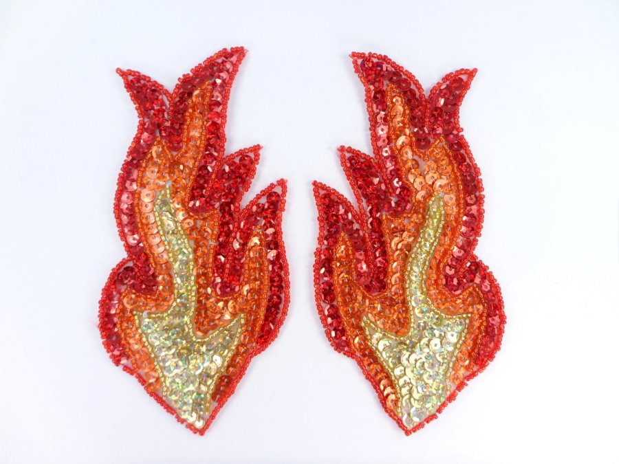 Flame Appliques HOLOGRAPHIC Sequin Beaded Red Orange Gold MIRROR PAIR 6  JB117X