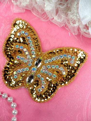 JB119 Rhinestone Applique Crystal AB Butterfly Gold Beaded Patch 4.25\