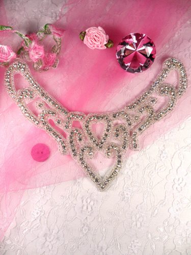 JB12 Heart Collar Crystal Clear Silver Beaded Applique 7.5