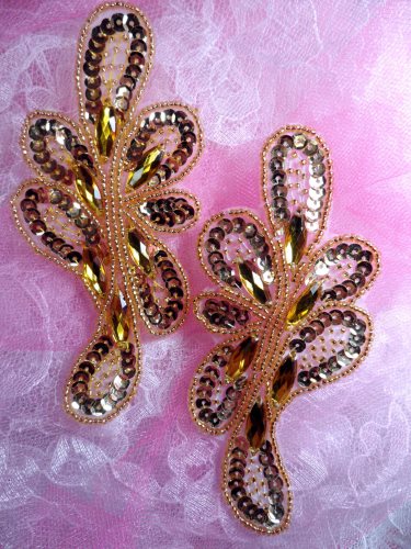JB120  Appliques Mirror Pair Gold Jeweled Sequin Beaded  5.25