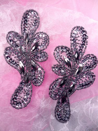 JB120 Appliques Mirror Pair Gunmetal Jeweled Sequin Beaded  5.25
