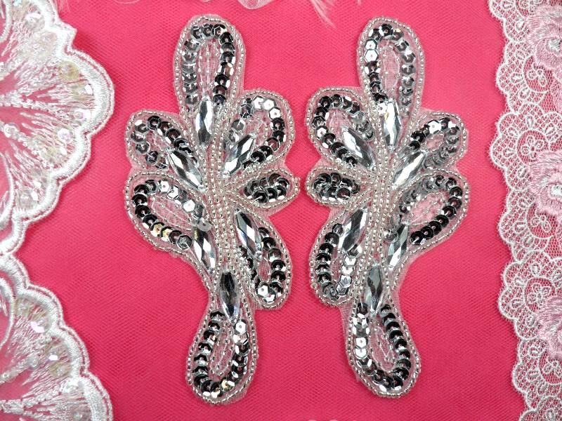 JB120  Appliques Mirror Pair Silver Jeweled Sequin Beaded  5.25