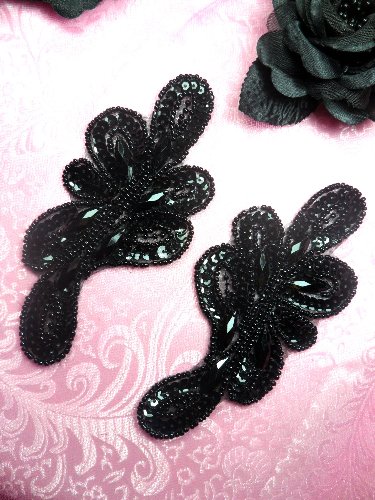 Appliques Mirror Pair Black Jeweled Sequin Beaded  5.25 JB120X