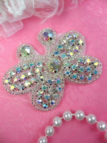 JB121 Rhinestone Butterfly Applique Crystal Silver Beaded Patch 2.5\