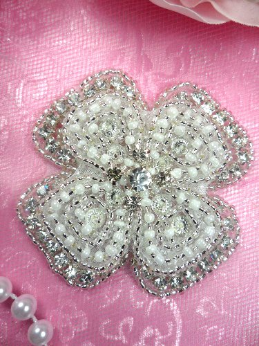 JB127 Rhinestone Applique Silver White Beaded 2.5