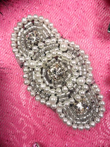 JB129 Silver Beaded Rhinestone Pearl Applique With Black Backing 2.25\
