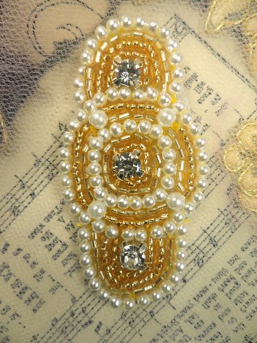 JB129 Rhinestone Applique Pearl Gold Beaded 2.25\