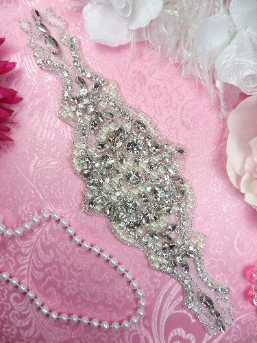 JB133 Pearl Applique Silver Beaded Crystal Rhinestone 10