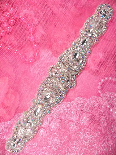 JB134 Aurora Borealis Silver Beaded Crystal AB Rhinestone Applique 12
