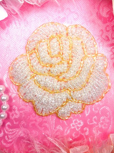 JB135 Crystal Gold \Glorious Rose\ Beaded Applique 3\