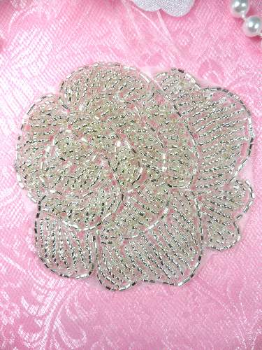 JB135 \Glorious Rose\ Flower Silver Beaded Floral Applique 3\
