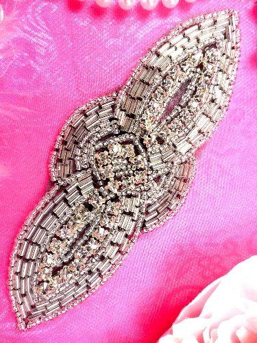 JB136 Black Backing Beaded Applique Silver w/ Rhinestones 5\