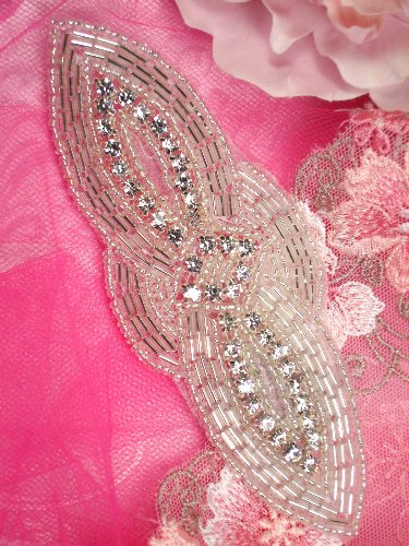 JB136 Beaded Applique Silver w/ Crystal Rhinestones 5\