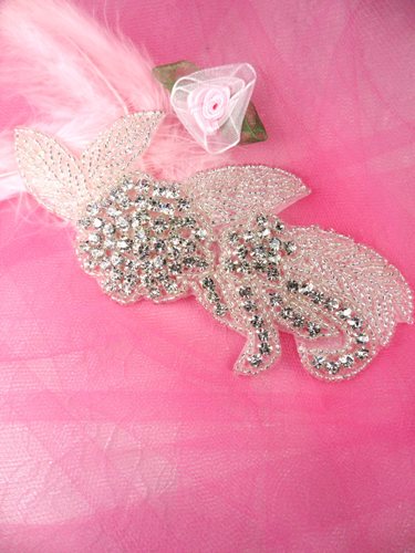 JB14 Silver Beaded Floral Crystal Rhinestone Applique 5.25\