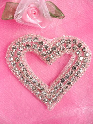 JB15 Silver Beaded Heart Crystal Rhinestone Applique 2.5