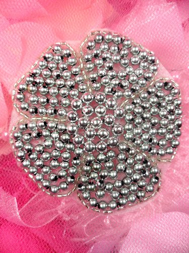 JB151 Flower Applique Silver Beaded Floral DIY 3\