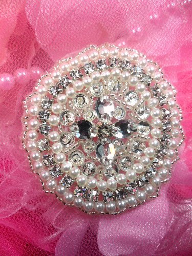 JB153 Victorian Rhinestone Applique Pearl Silver  Beaded 2.5\