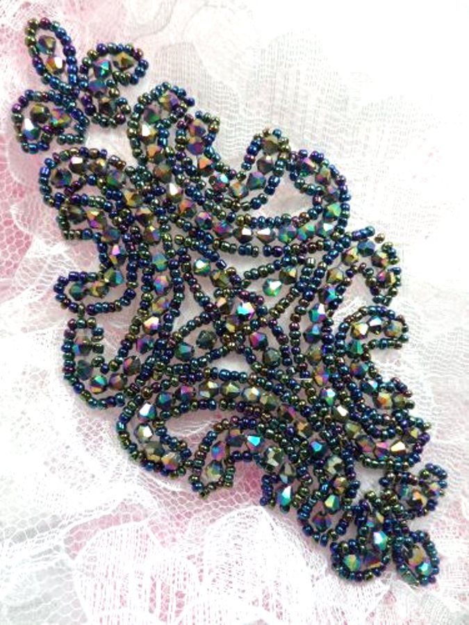 JB159 Black AB Aurora Borealis Beaded Applique Victorian Motif Patch 6