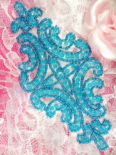 JB159 Turquoise Beaded Applique Victorian Motif Patch 6\