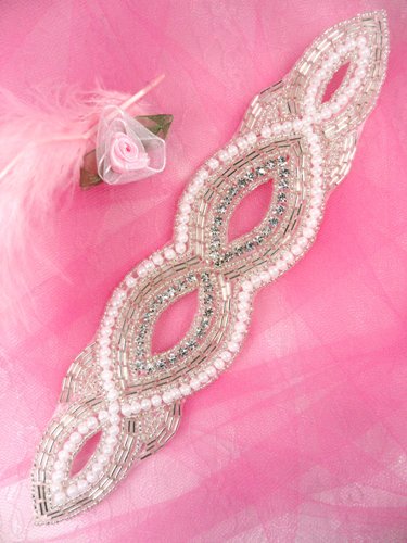 JB16 Silver Beaded Pearl Crystal Rhinestone Applique  8.75