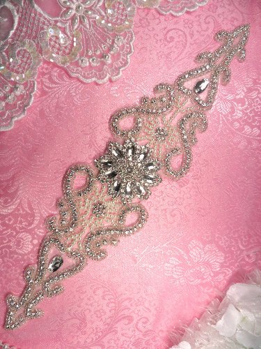 JB161 Flower Centered Silver Beaded Pearl Crystal Rhinestone Bridal Sash Applique 14.5\