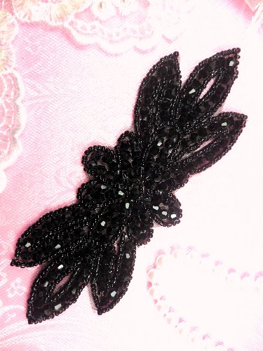 JB162 Black Beaded Flower Applique Floral Iron On 6\