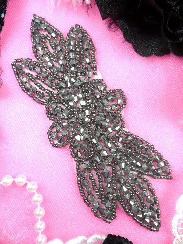 JB162 Pewter Beaded Flower Applique Floral Iron On 6\