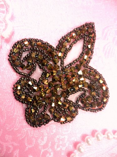 JB165 Fleur De Lis Bronze Beaded  Applique Motif 3\