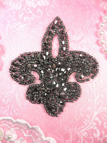 JB165 Fleur De Lis Gunmetal Beaded  Applique Motif 3\