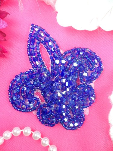 JB165 Fleur De Lis Purple AB Beaded  Applique Motif 3\