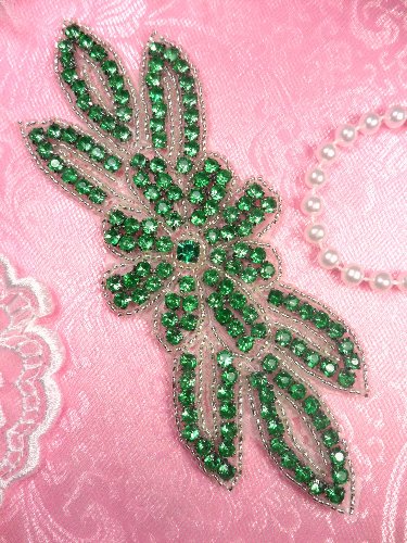 JB166 Crystal Green Rhinestone Flower Applique Silver Beaded 6\