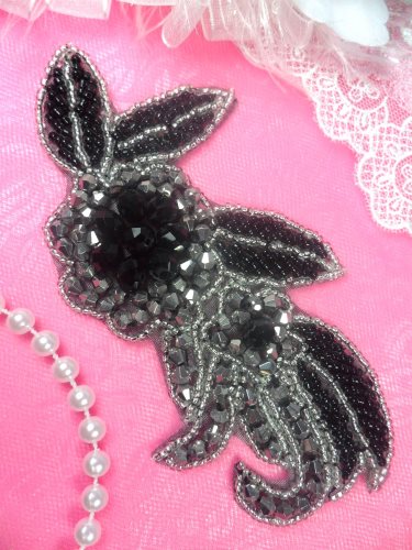 JB17 Black Backing Triple Metallic Black Gunmetal Silver Beaded Floral Applique 5.25