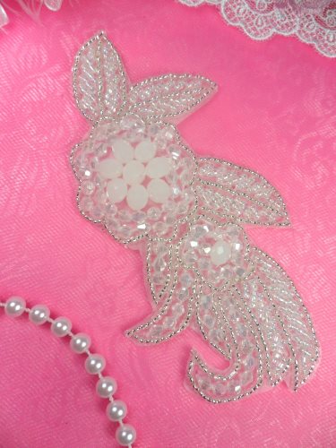 JB17 Crystal Aurora Borealis Beaded Floral Applique Silver edge 5.25