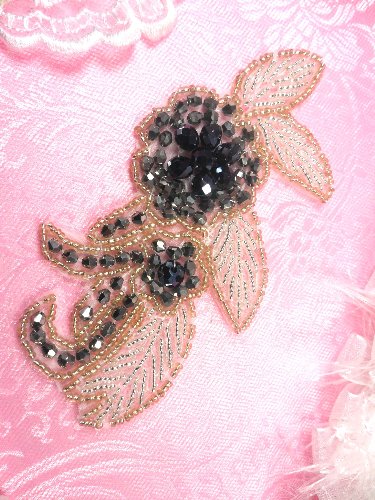 JB17 Triple Metallic Navy Gunmetal Silver Beaded Floral Applique 5.25