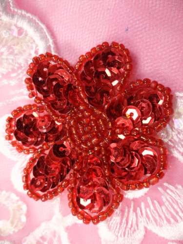 JB175 Red Beaded Sequin Applique Flower Patch 2