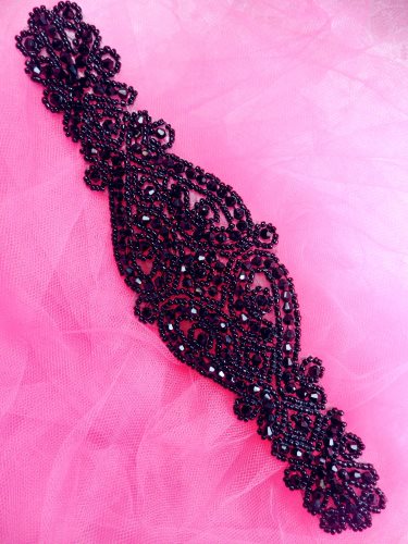 JB202 Beaded Applique Black Glass Designer Victorian Patch Motif  8.5\
