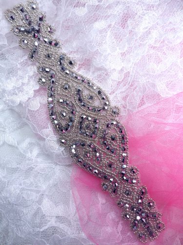 JB202 Beaded Applique Silver Glass Designer Victorian Patch Motif  8.5\