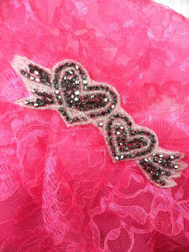 JB206 Glass Beaded Gunmetal Silver Double Heart Applique Patch 6\